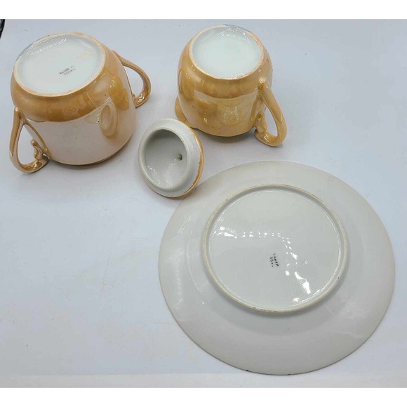 Vtg Hand Painted Japanese Lusterware Set. 3 plates 7 1/4", Sugar Bowl & Creamer - Picture 14 of 14